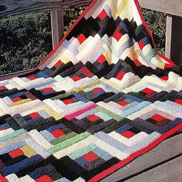 PDF Log Cabin Afghan Knitting Pattern – Vintage, Retro, Afghan, Blanket, Throw, Bedspread - PDF instant download