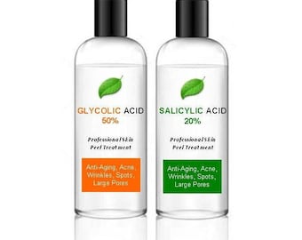 Peeling cutané à l'acide glycolique AHA + BHA à l'acide salicylique - 100 ml + 100 ml - dosés à 50 et 20 % - 2 x 100 ml