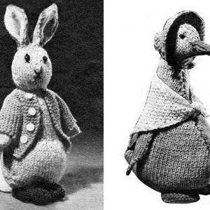 May include: Two knitted stuffed animals, a rabbit wearing a jacket and a goose wearing a bonnet and shawl.