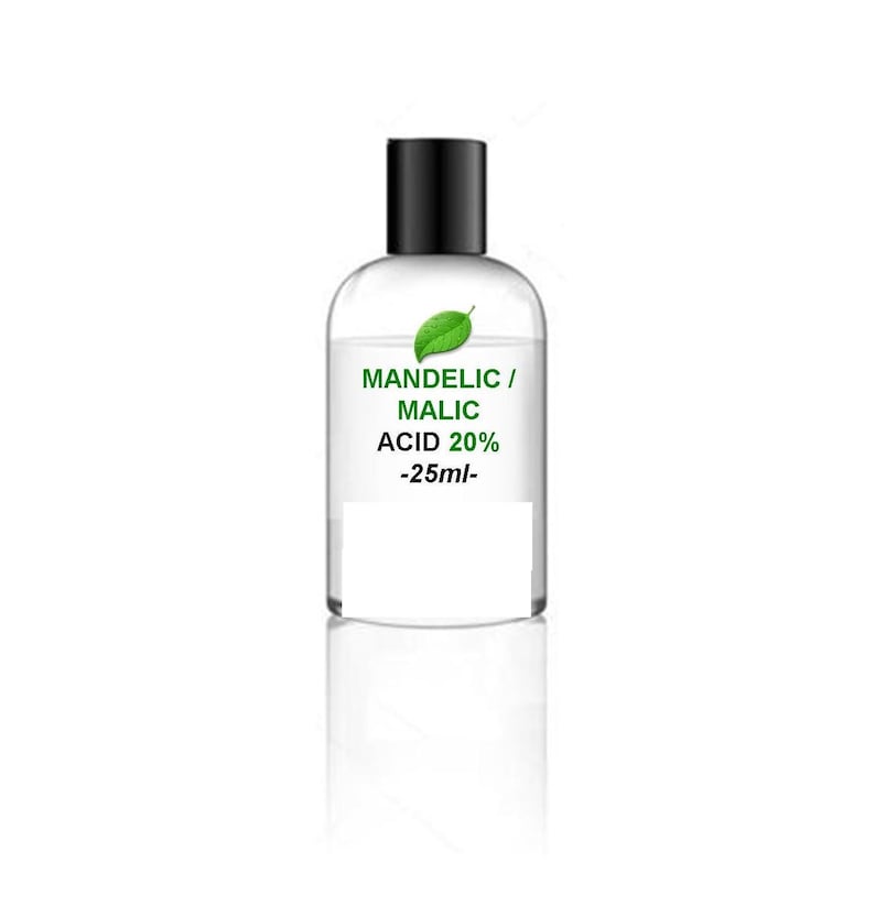 May include: A clear glass bottle with a black cap and a white label. The label reads "MANDELIC / MALIC ACID 20% -25ml-".