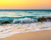 Beach sunset canvas wall art. Framed ocean decor. Grace Bay seascape pictures turquoise and yellow. Original photography print. Relaxing art