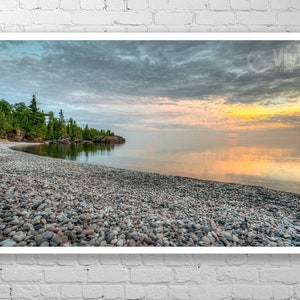 Lake Superior stone beach sunset wall art. Great Lakes room decor wide. Northern Ontario picture. Choose canvas or print, matted or framed. image 7