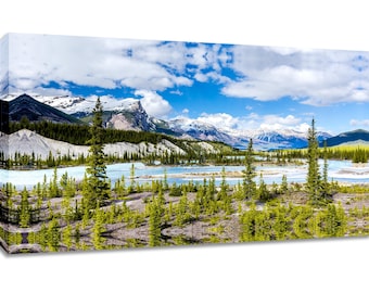 Rocky Mountain river wall art wide. Alberta Canada landscape photograph. Jasper National Park. Choose print, matted or framed, or on canvas.