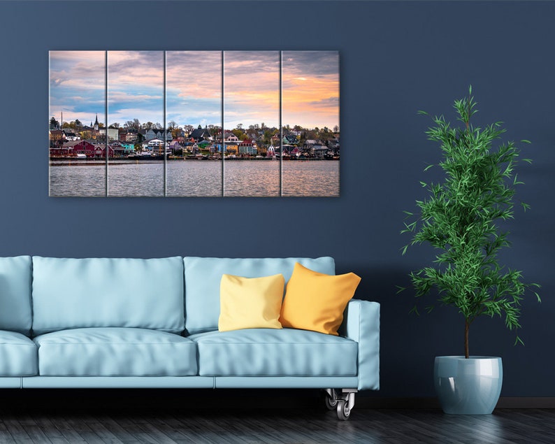 Landscape 5 panel art. South shore photography Canadian Maritimes Lunenburg Nova Scotia canvas wall art Framed panoramic wide room decor