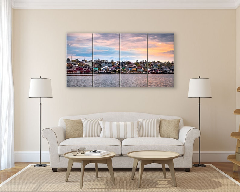 Landscape 5 panel art. South shore photography Canadian Maritimes Lunenburg Nova Scotia canvas wall art Framed panoramic wide room decor