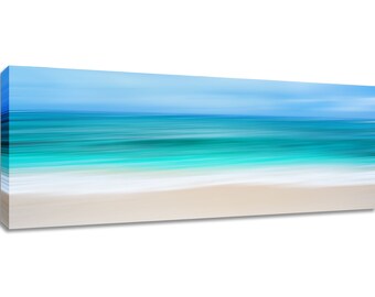 Teal abstract beach wall art wide. Turquoise photo decor long. Tropical ocean seascape canvas. Choose print, matted or framed, or on canvas.