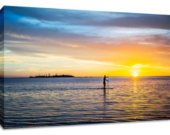 Paddle board home decor. Stand up paddleboarder photography. Sunset landscape picture wide. Choose print, matted or framed, or on canvas.