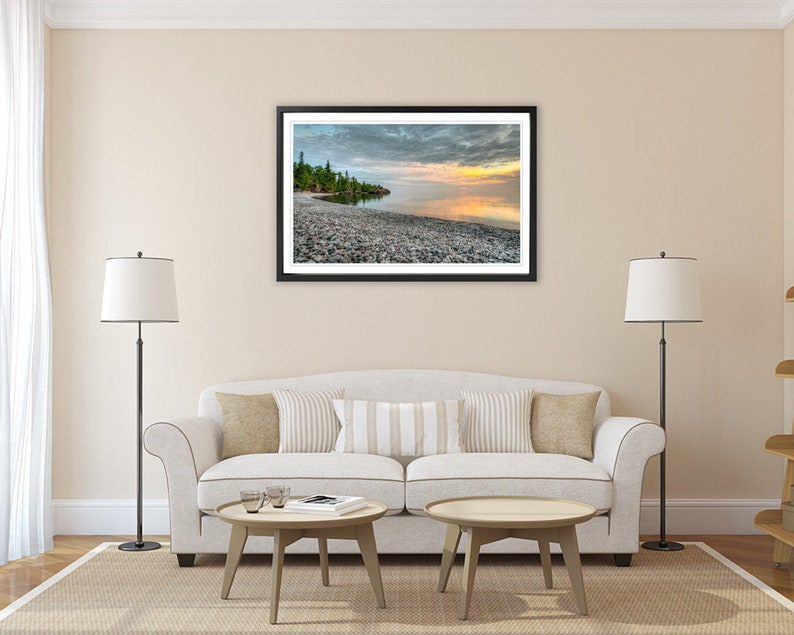 Lake Superior stone beach sunset wall art. Great Lakes room decor wide. Northern Ontario picture. Choose canvas or print, matted or framed. image 5