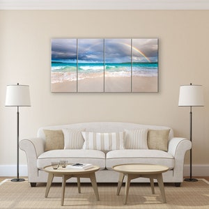 Beach Rainbow wall art wide. Tropical turquoise picture. Teal ocean water decor. Sand and surf photography. Choose print or streched canvas. 4 Canvas Panel 24x48 inches