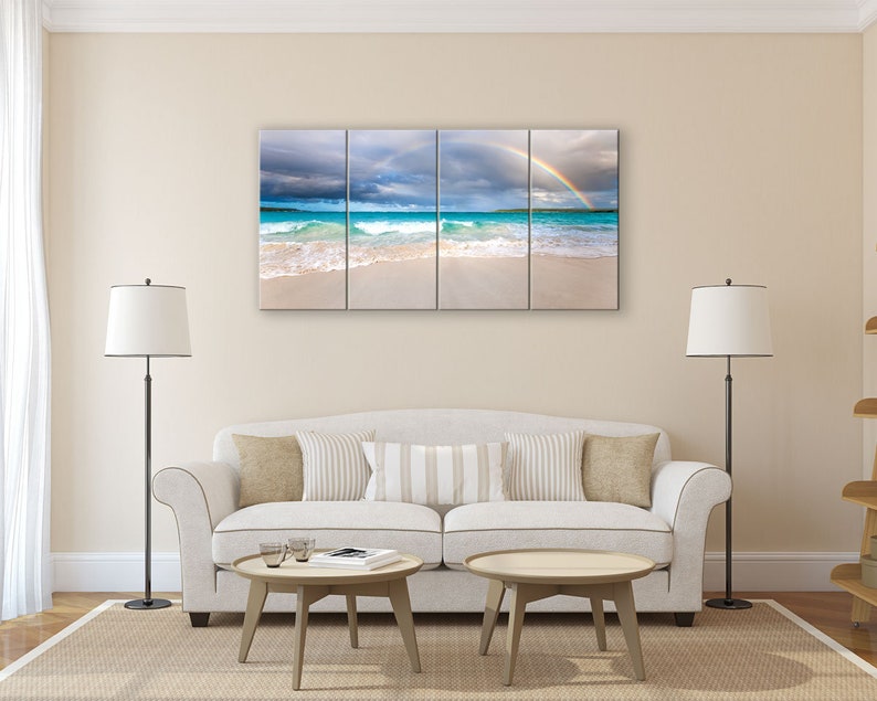 Beach Rainbow wall art wide. Tropical turquoise picture. Teal ocean water decor. Sand and surf photography. Choose print or streched canvas. 4 Canvas Panel 24x48 inches