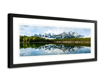 Wide landscape wall art. Banff Rocky Mountain reflection big. Alberta panoramic picture large. Choose print, matted or framed, or on canvas.