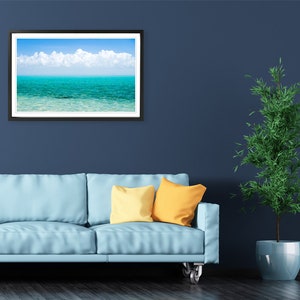 Caribbean sea art wall decor. Tropical minimalist print turquoise water photography. Teal ocean picture clouds. Available in print or canvas image 5