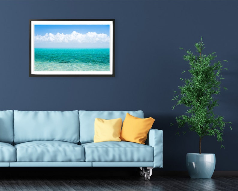 Caribbean sea art wall decor. Tropical minimalist print turquoise water photography. Teal ocean picture clouds. Available in print or canvas image 5