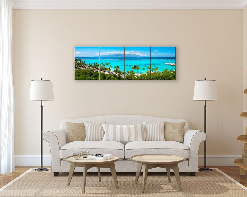 Panoramic Tahiti wall art. Tropical wide decor. Mourea Toatea lookout French Polynesia picture. Choose print framed or matted, or on canvas. 4 Canvas Panel 16x48 inches