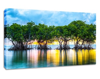 Mangrove print colorful wall art wide. Scenic decor tropical yellow and blue nature. Choose print, matted or framed, or stretched canvas.