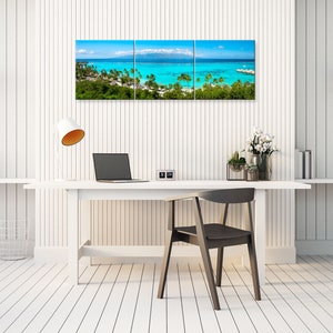 Panoramic Tahiti wall art. Tropical wide decor. Mourea Toatea lookout French Polynesia picture. Choose print framed or matted, or on canvas. 3 Canvas Panel 12x36 inches