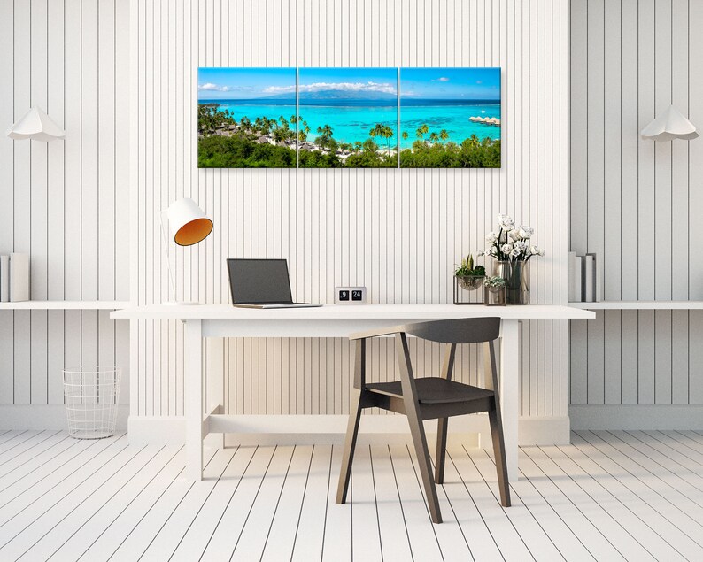 Panoramic Tahiti wall art. Tropical wide decor. Mourea Toatea lookout French Polynesia picture. Choose print framed or matted, or on canvas. 3 Canvas Panel 12x36 inches