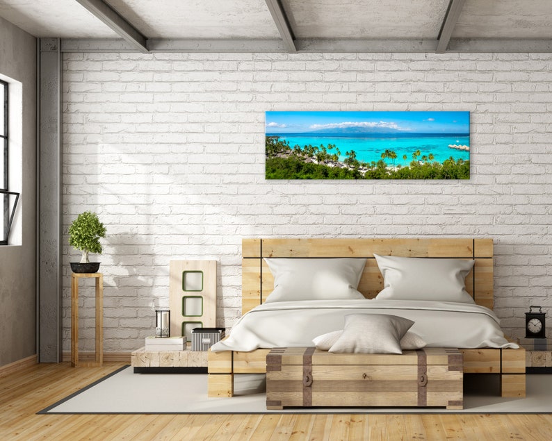 Panoramic Tahiti wall art. Tropical wide decor. Mourea Toatea lookout French Polynesia picture. Choose print framed or matted, or on canvas. image 2