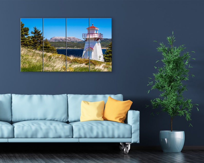 Newfoundland photo. Woody Point Lighthouse and Gros Morne Mountain. Rocky Harbour wall art. Available in print, matted, framed or on canvas. 4 Canvas Panel 28x48 inches