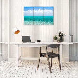 Caribbean sea art wall decor. Tropical minimalist print turquoise water photography. Teal ocean picture clouds. Available in print or canvas 3 Panel Canvas 22x36 inches