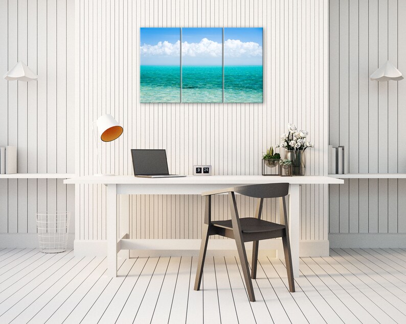 Caribbean sea art wall decor. Tropical minimalist print turquoise water photography. Teal ocean picture clouds. Available in print or canvas 3 Panel Canvas 22x36 inches