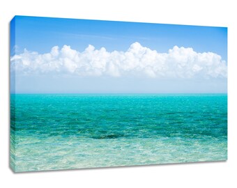 Caribbean sea art wall decor. Tropical minimalist print turquoise water photography. Teal ocean picture clouds. Available in print or canvas