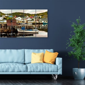 Newfoundland wall art Petty Harbour. Fishing harbor photography home decor. Nautical village landscape picture. Choose print or canvas 4 Canvas Panel 28x48 inches