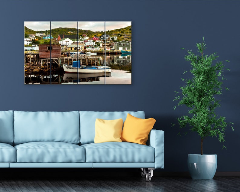 Newfoundland wall art Petty Harbour. Fishing harbor photography home decor. Nautical village landscape picture. Choose print or canvas 4 Canvas Panel 28x48 inches