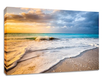 White sand beach wall art. Grace Bay sunset picture big. Turks and Caicos seascape home decor photography. Choose print or stretched canvas.