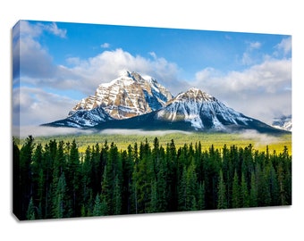 Banff mountain and pine tree print. Mt Temple Alberta landscape nature scenery picture decor. Choose print, matted or framed, or on canvas.