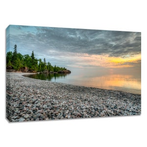 Lake Superior stone beach sunset wall art. Great Lakes room decor wide. Northern Ontario picture. Choose canvas or print, matted or framed. image 1