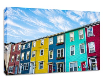 Jelly Bean House canvas wall art. St Johns framed print of colorful houses. Newfoundland Canada picture of historic row houses. Home office.