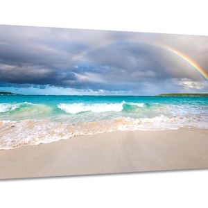 Beach Rainbow wall art wide. Tropical turquoise picture. Teal ocean water decor. Sand and surf photography. Choose print or streched canvas. image 1