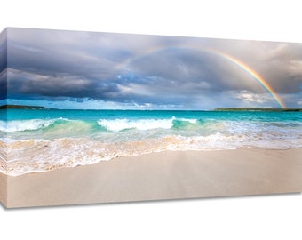 Beach Rainbow wall art wide. Tropical turquoise picture. Teal ocean water decor. Sand and surf photography. Choose print or streched canvas.