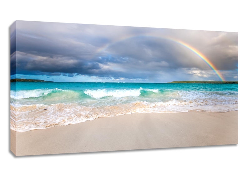 Beach Rainbow wall art wide. Tropical turquoise picture. Teal ocean water decor. Sand and surf photography. Choose print or streched canvas. image 1