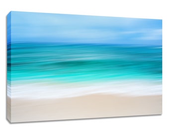 Abstract beach canvas wall art. Ocean color tropical teal framed decor. Pastel seascape print matted. Calm panoramic art over bed turquoise.