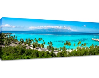 Panoramic Tahiti wall art. Tropical wide decor. Mourea Toatea lookout French Polynesia picture. Choose print framed or matted, or on canvas.