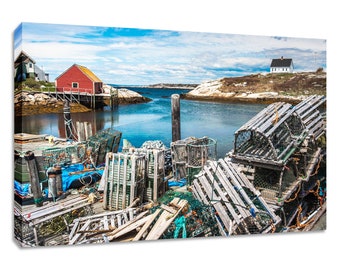 Nova Scotia wall art. Peggys Cove photo. Fishing Harbor with lobster traps maritime decor wide. Choose print, matted or framed, or on canvas