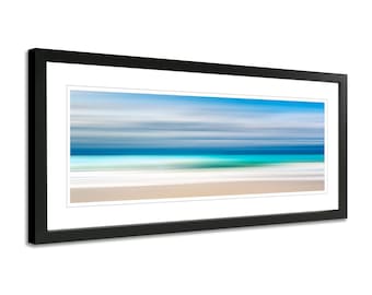 Beach Abstract wide wall art. Teal Ocean Panoramic canvas print. Turquoise sea vista picture colourful. Choose framed print or canvas.