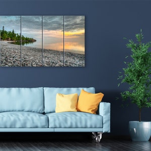 Lake Superior stone beach sunset wall art. Great Lakes room decor wide. Northern Ontario picture. Choose canvas or print, matted or framed. 4 Canvas Panel 28x48 inches