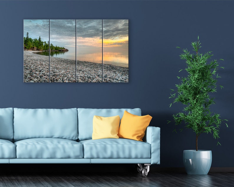 Lake Superior stone beach sunset wall art. Great Lakes room decor wide. Northern Ontario picture. Choose canvas or print, matted or framed. 4 Canvas Panel 28x48 inches