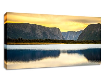 Western Brook Pond canvas wall art. Newfoundland wide decor. Gros morne scenery picture large. Choose print, matted or framed, or on canvas.