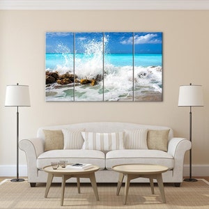 Wave Photography in Turks and Caicos. Tropical beach surf wall art. Ocean blue turquoise teal. Choose print, matted or framed, or canvas. 4 Canvas Panel 28x48 inches