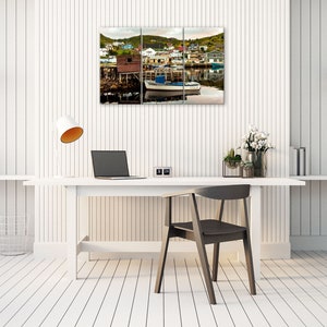 Newfoundland wall art Petty Harbour. Fishing harbor photography home decor. Nautical village landscape picture. Choose print or canvas 3 Panel Canvas 22x36 inches