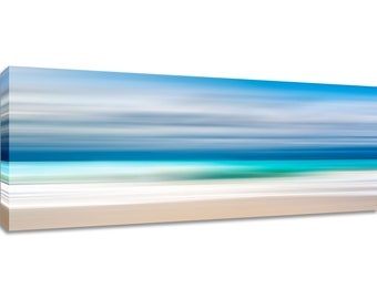 Wide abstract canvas wall art. Panoramic white sand beach framed print. Panorama matted picture ocean vista colourful 12x36 30 40 50 inch.