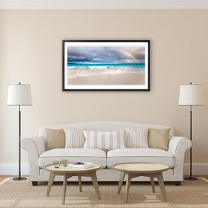 Beach Rainbow wall art wide. Tropical turquoise picture. Teal ocean water decor. Sand and surf photography. Choose print or streched canvas. image 5
