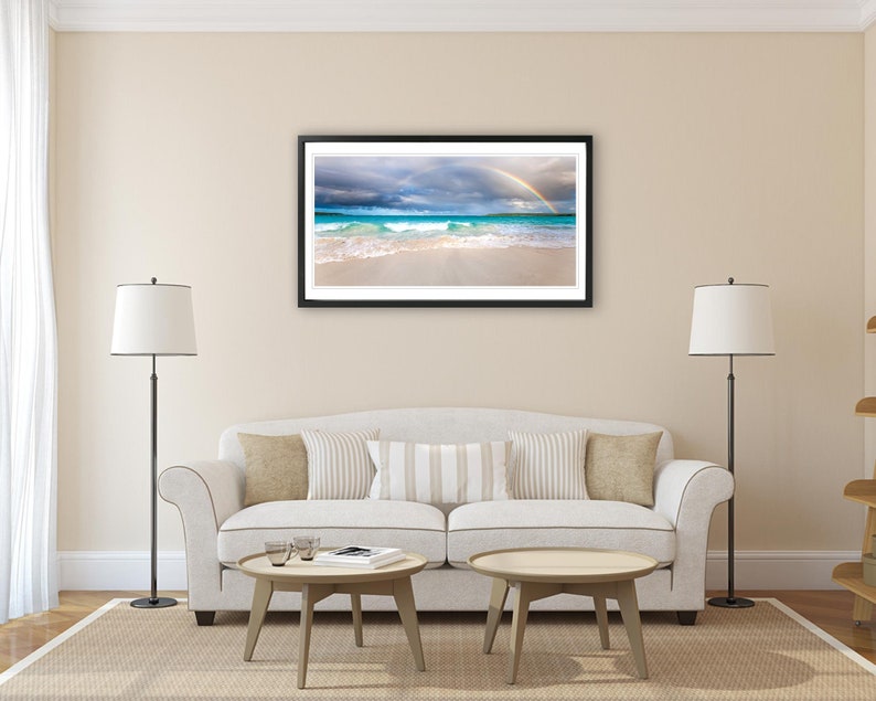 Beach Rainbow wall art wide. Tropical turquoise picture. Teal ocean water decor. Sand and surf photography. Choose print or streched canvas. image 5