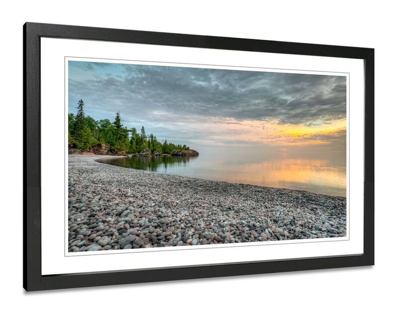 Lake Superior stone beach sunset wall art. Great Lakes room decor wide. Northern Ontario picture. Choose canvas or print, matted or framed. image 4