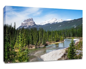 Alberta Rockies wall art Bow River scenery print. Castle Mountain nature picture. Available in print, matted or framed, or on canvas panels.