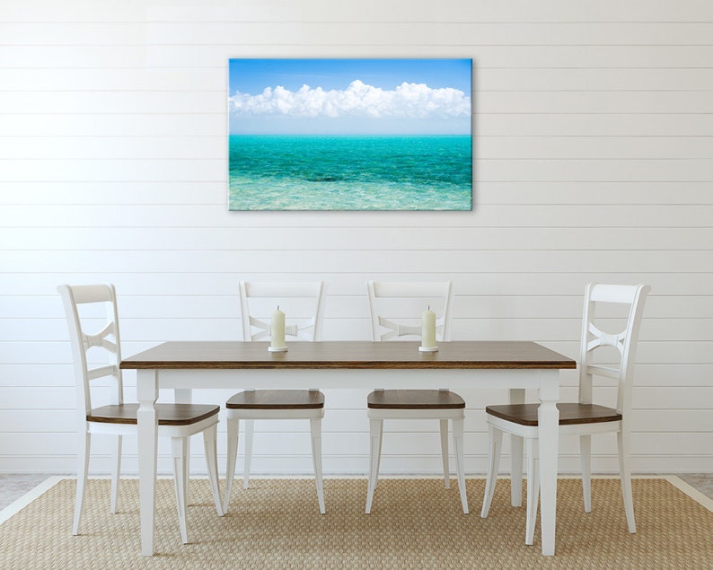 Caribbean sea art wall decor. Tropical minimalist print turquoise water photography. Teal ocean picture clouds. Available in print or canvas image 2